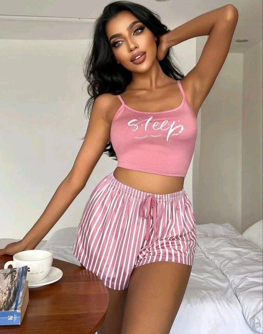 Nemere Kadın Pembe Çizgili Desen Askılı Şortlu Pijama Takımı Rahat Şık 2’li Set