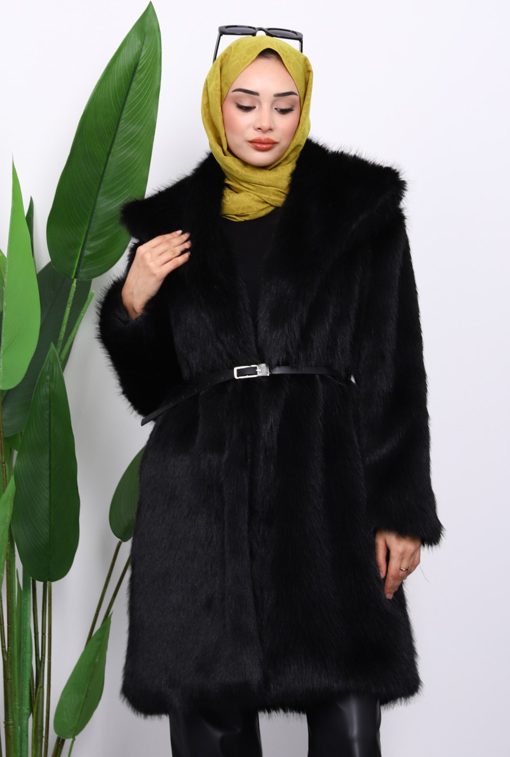 İmaj Butik Siyah Kemerli Astarlı Kürk Kaban görsel 7