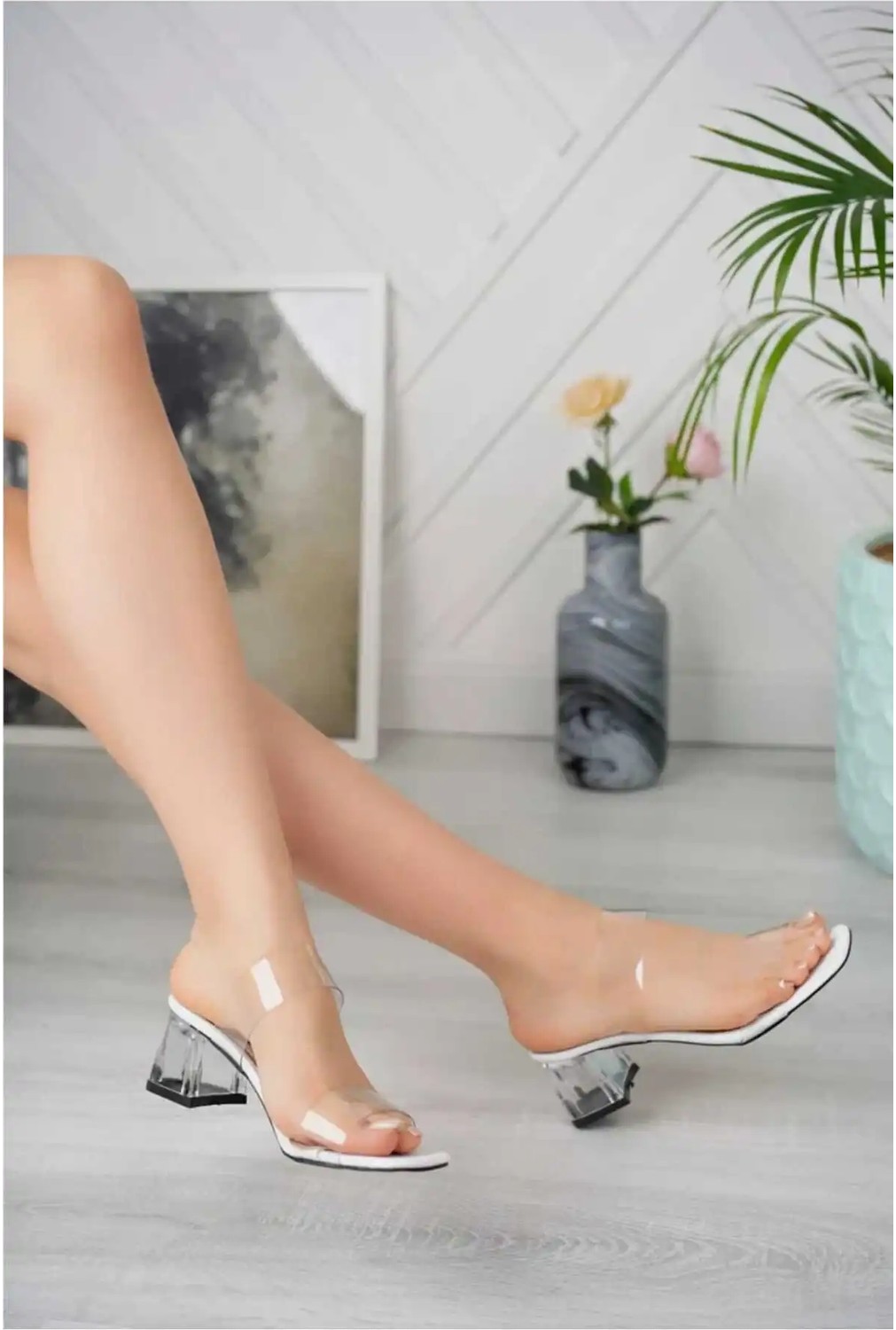 Felisya Butik Lena Kadın Siyah Şeffaf Çift Bant Şeffaf Topuklu Terlik görsel 8