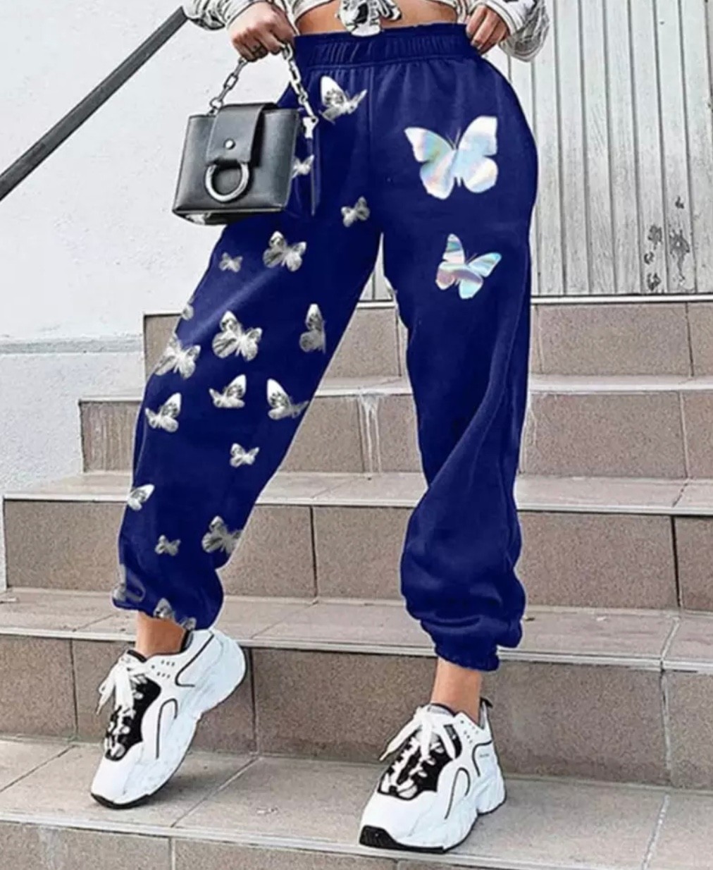 Punix Punıx Büyük Beden Özel Tasarım Gökkuşağı Kelebekleri Baskılı Kışlık Jogger Kadın Eşofman Altı görsel 2