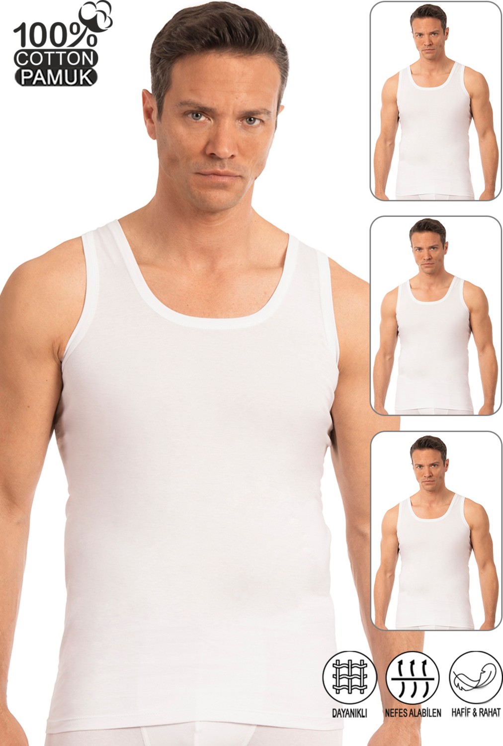 Özkan Underwear Özkan 0050 Underwear Erkek %100 Pamuklu Kalın Askılı Atlet 3'lü Paket Beyaz Yaka Tipi Rahat