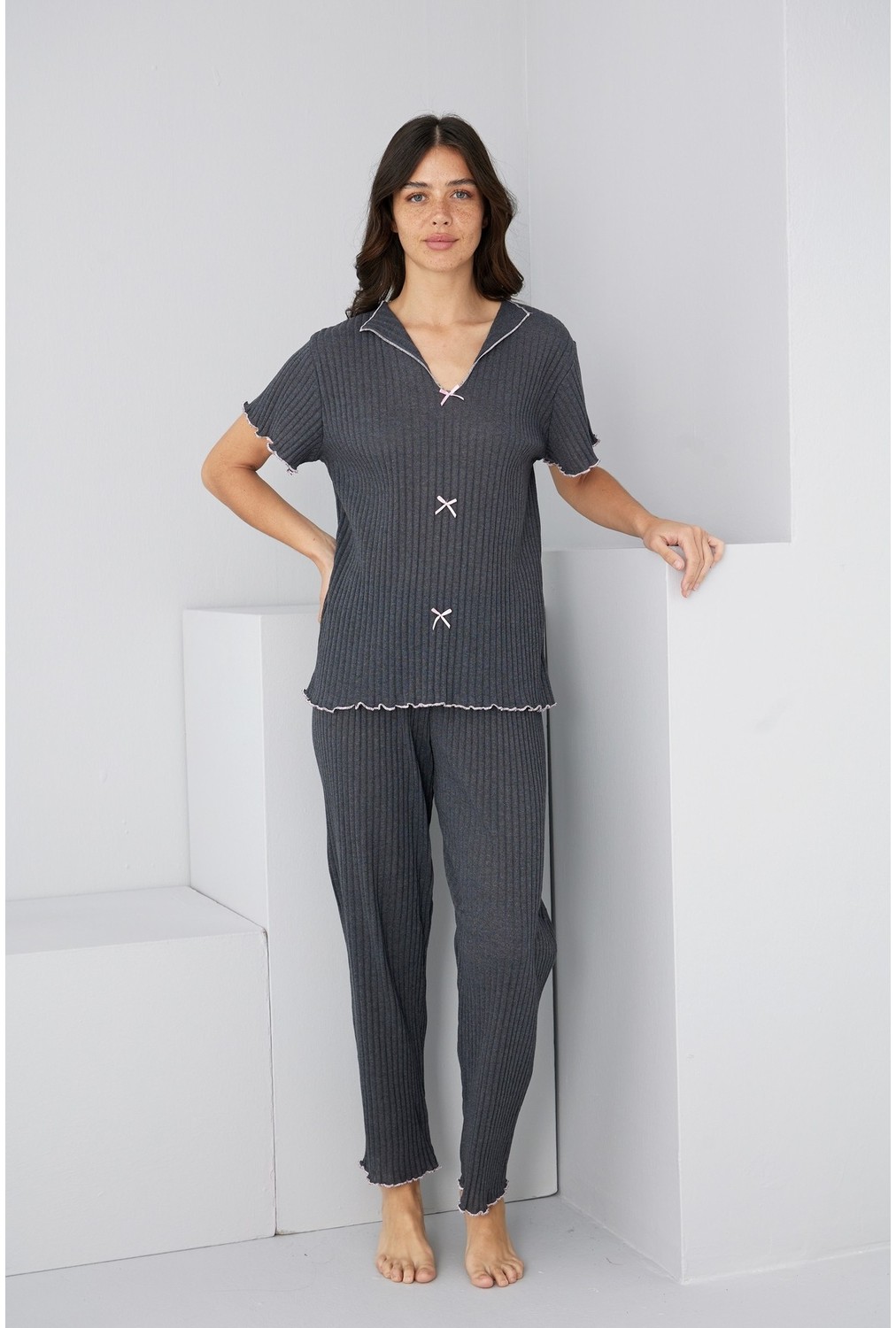 Siyah İnci Saks Mevsimlik Ince Fiyonklu Pijama TAKIM7879 görsel 8