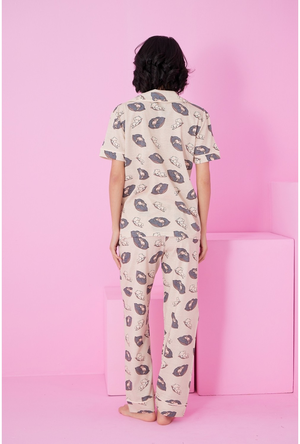Siyah İnci Yeşil Yaprak Desenli Kısa Kollu Düğmeli Biyeli Pijama TAKIM7855 görsel 3