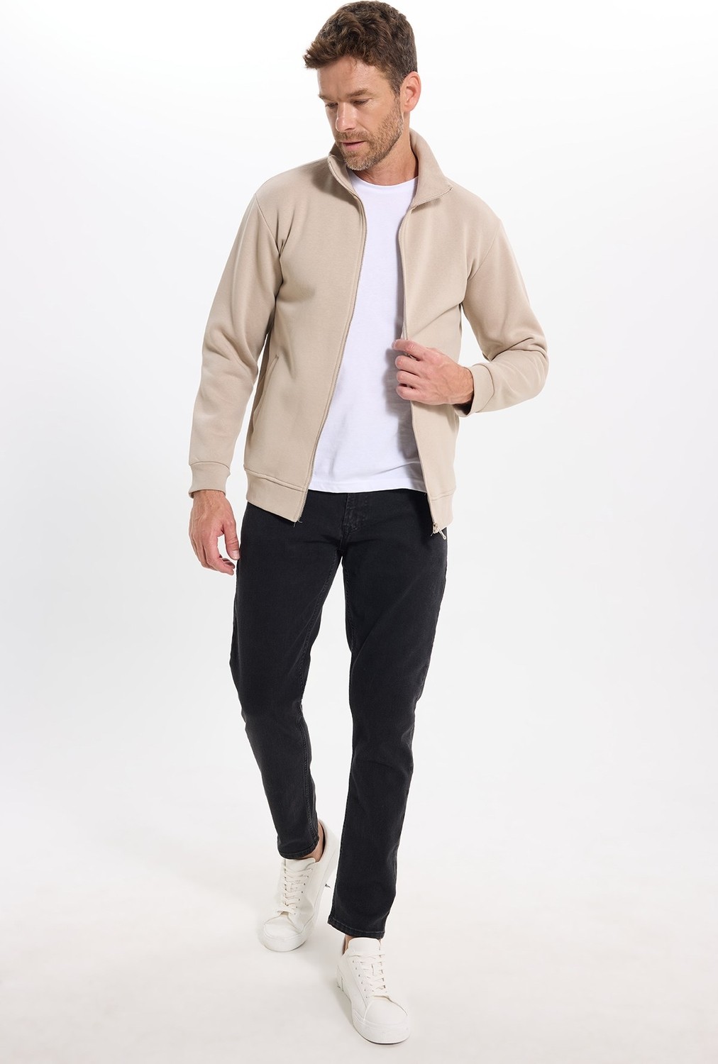 Tudors Unisex Relax Fit Rahat Kesim Pamuklu 3 İplik İçi Polarlı Fermuarlı Cepli Taş Sweatshirt Hırka görsel 2