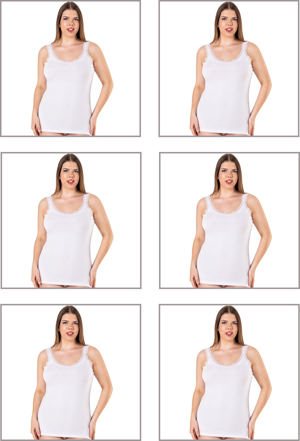 Özkan Underwear Özkan 26802 6'lı Paket Kadın Pamuklu Yakası Dantel Detaylı Kalın Askılı Esnek Rahat Büyük Beden Atlet