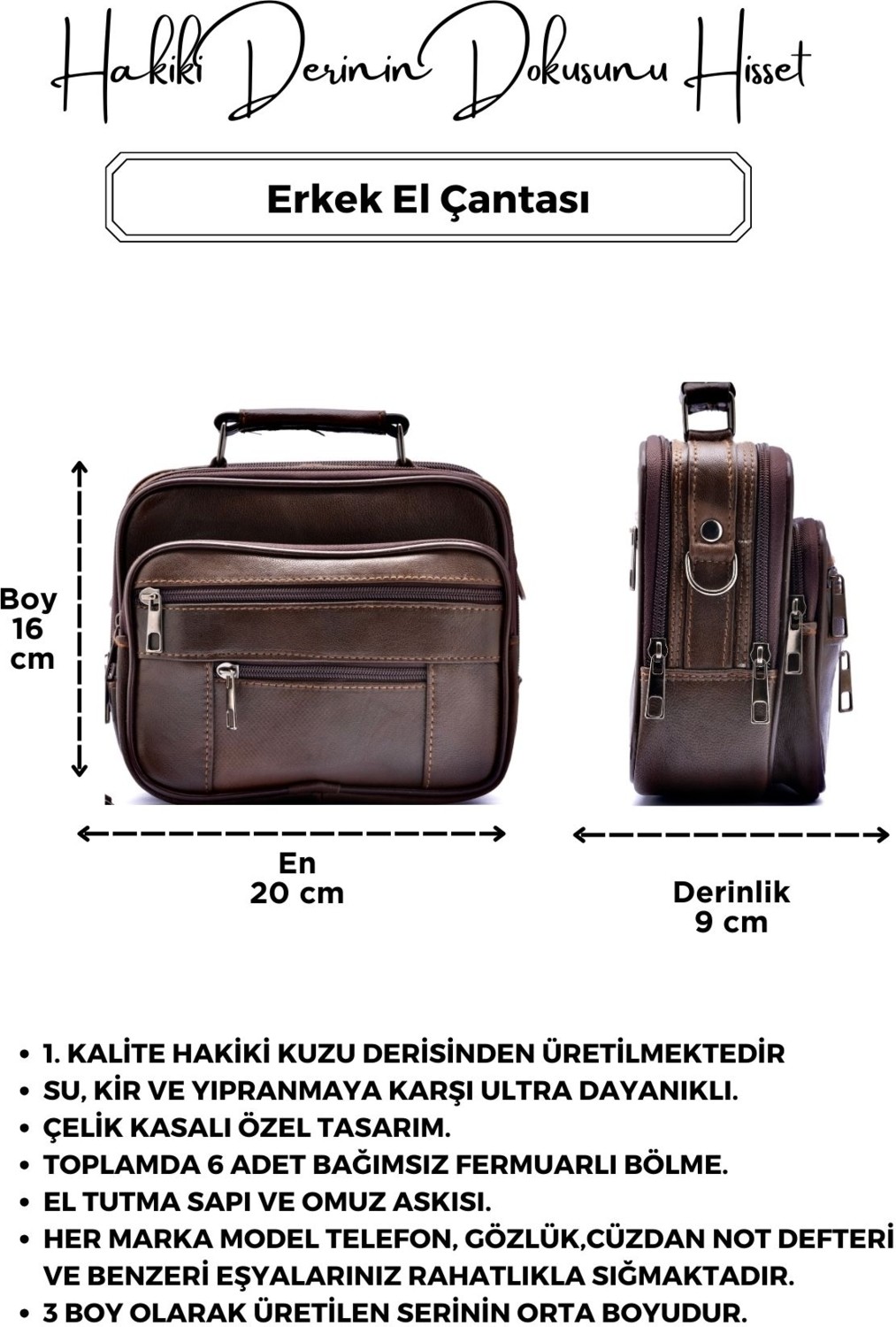 Cüzcan Erkek Kahverengi Yatay Model Çelik Kasalı Hakiki Deri El ve Omuz Çantası ( Orta Boy) görsel 4