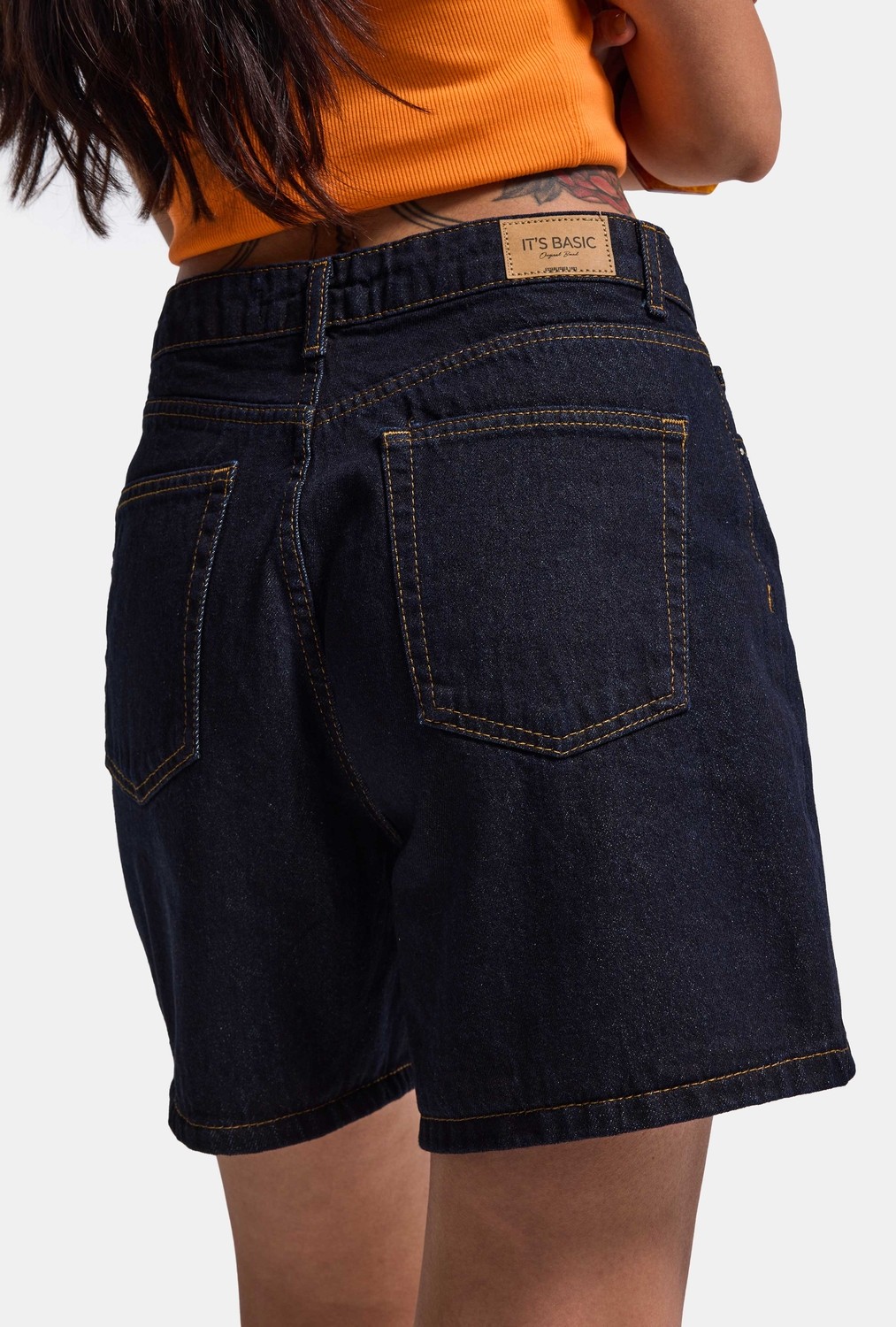It's Basic Kadın İndigo Selvedge Diana 7s6-50 Relax Mom Fit Denim Şort görsel 4