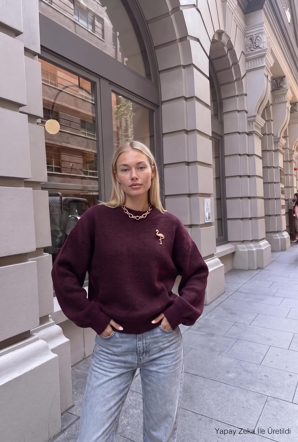 It's Basic Kadın Vizon W6-111 Oversize Aksesuar Detaylı Tasarım Triko Kazak