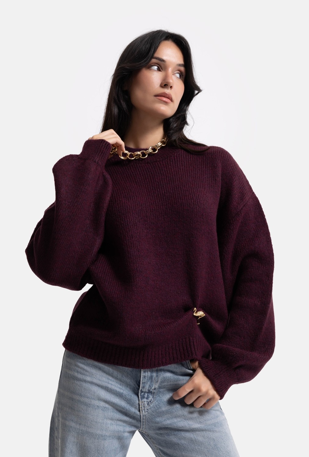 It's Basic Kadın Vizon W6-111 Oversize Aksesuar Detaylı Tasarım Triko Kazak görsel 3