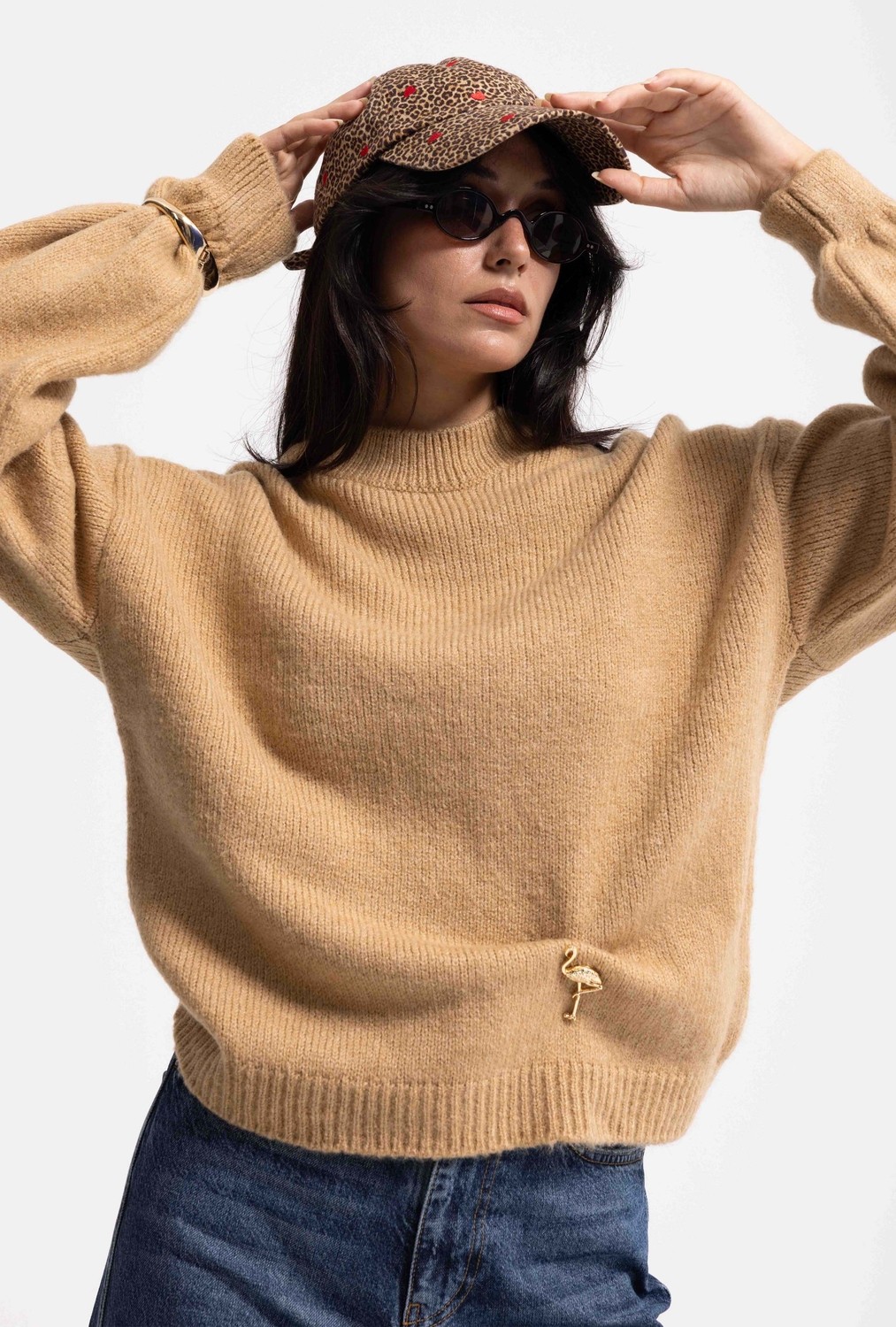 It's Basic Kadın Vizon W6-111 Oversize Aksesuar Detaylı Tasarım Triko Kazak görsel 8