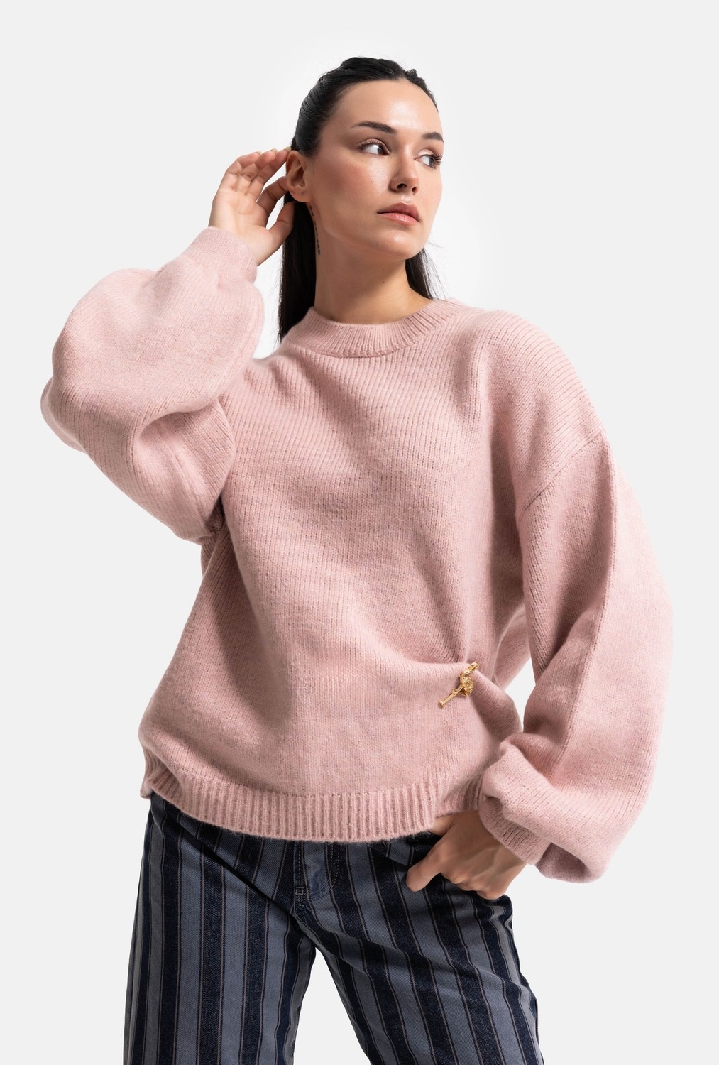 It's Basic Kadın Vizon W6-111 Oversize Aksesuar Detaylı Tasarım Triko Kazak
