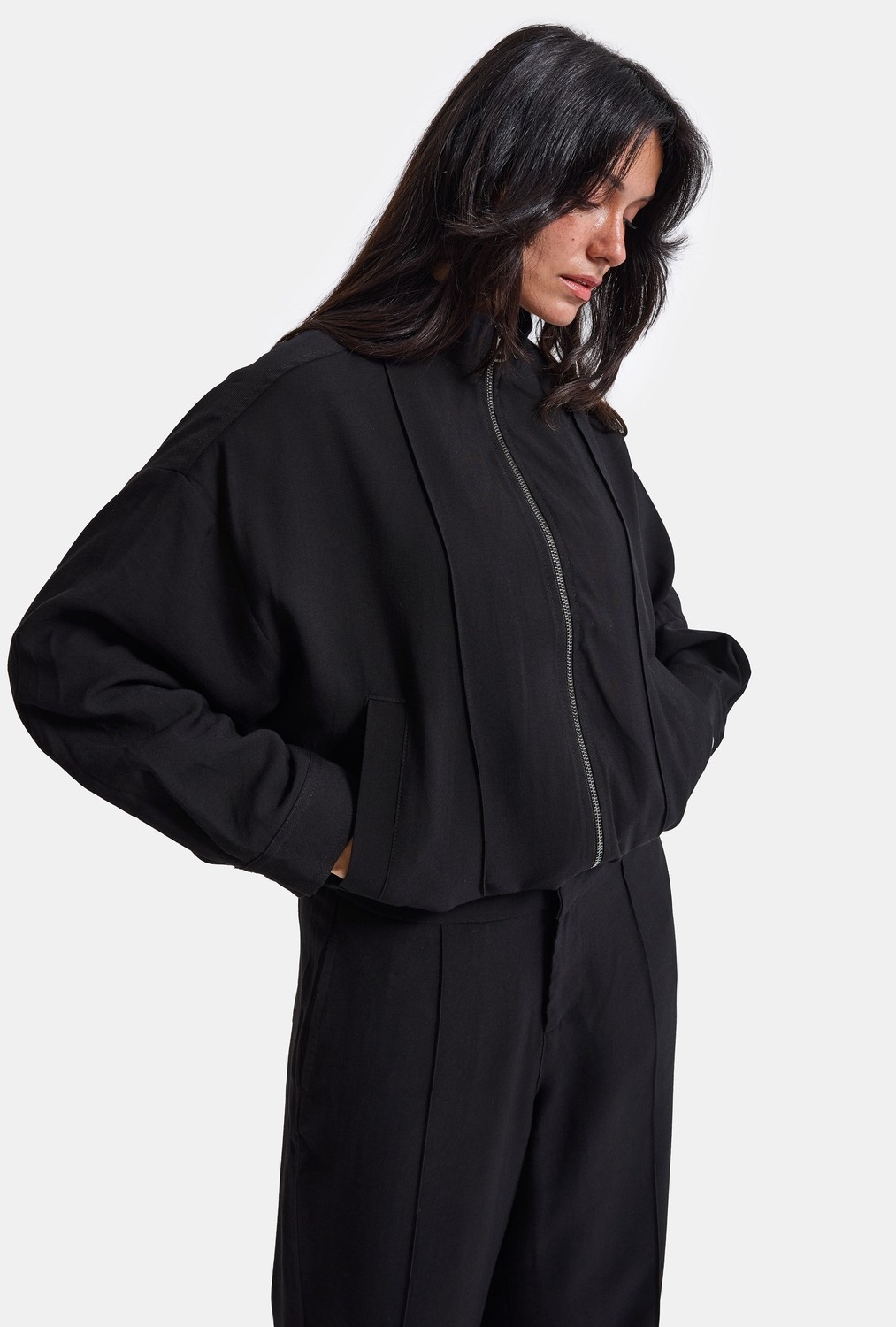 It's Basic Kadın Siyah W6-1 Oversize Belden Ayarlanmalı Özel Viskon Pamuk Kumaş Ceket görsel 2