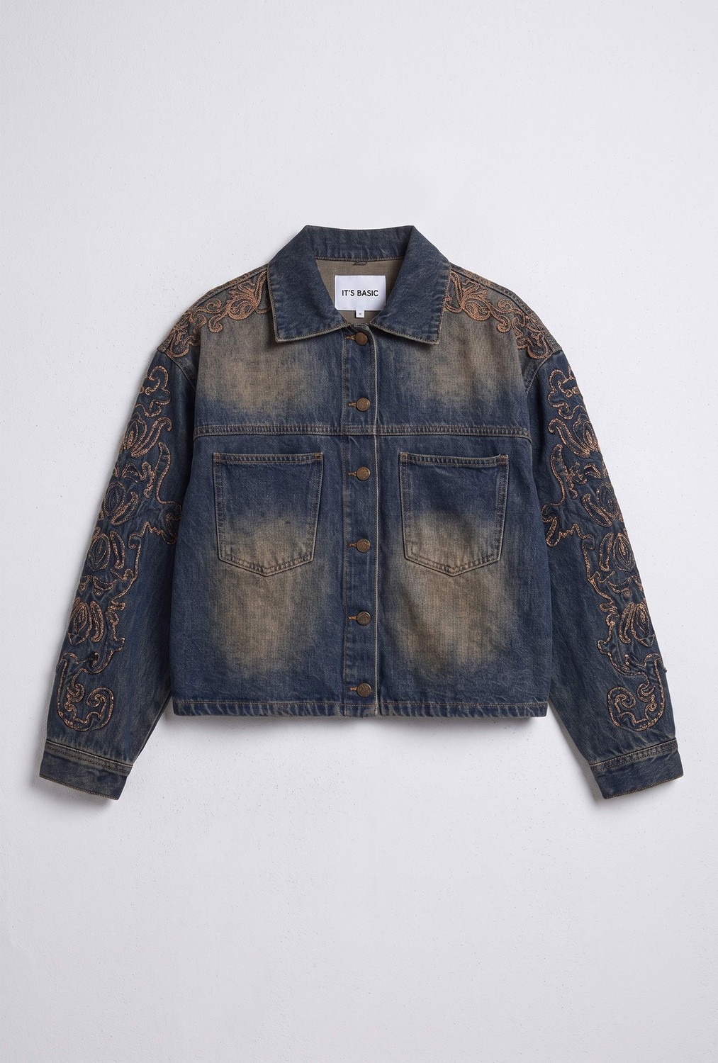 It's Basic Kadın Koyu Kot 4W6-32 Oversize Nakış Detaylı Tasarım Denim Ceket