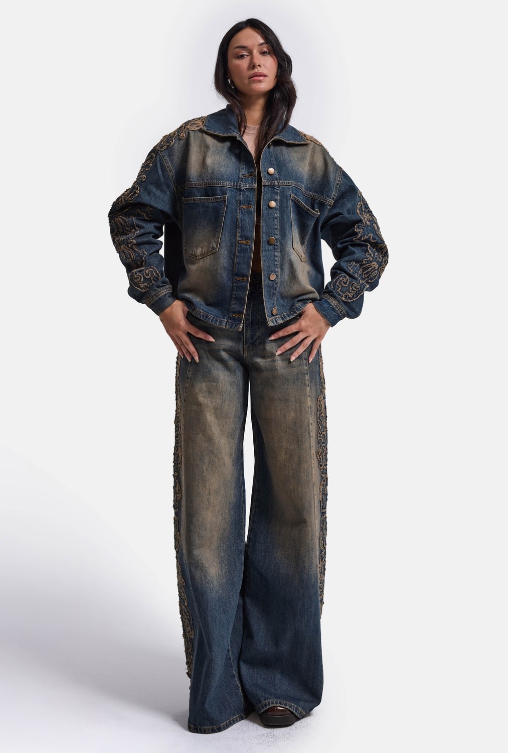 It's Basic Kadın Koyu Kot 4W6-32 Oversize Nakış Detaylı Tasarım Denim Ceket görsel 7