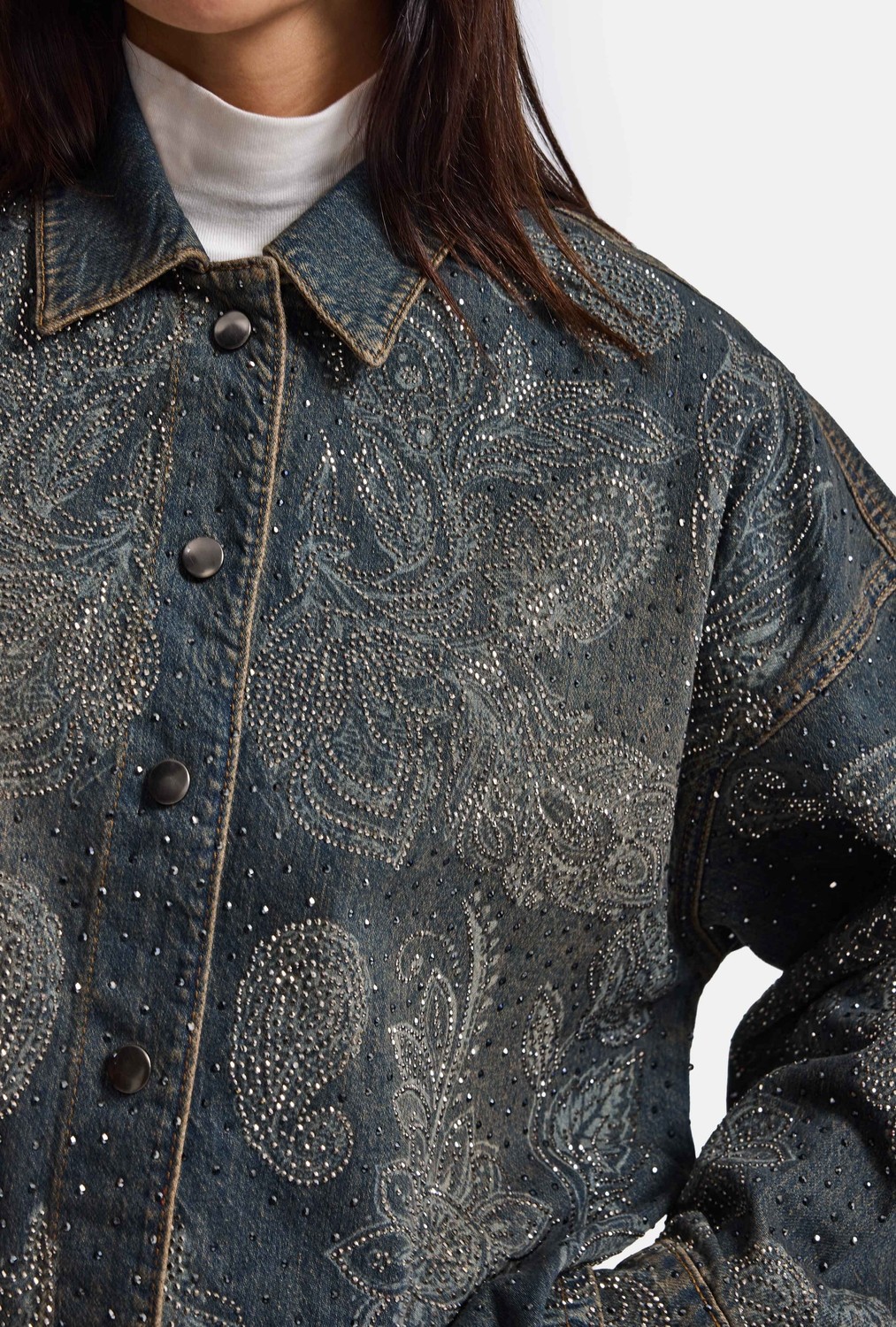 It's Basic Kadın Kot Rengi T-10W6-8 Oversize Parlak Taş ve Desen Özel Tasarım Denim Ceket görsel 3