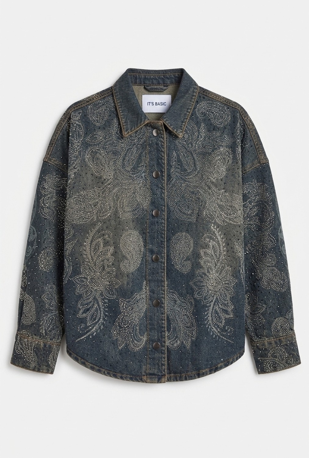It's Basic Kadın Kot Rengi T-10W6-8 Oversize Parlak Taş ve Desen Özel Tasarım Denim Ceket görsel 4