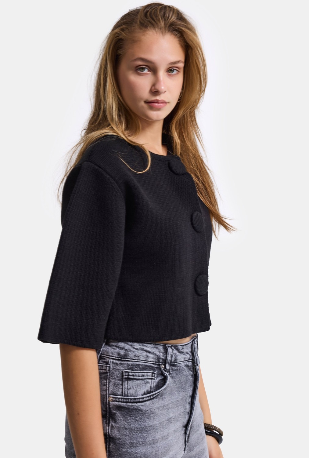It's Basic Kadın Siyah W6-1 Büyük Düğmeli Kemer Boy Crop Cardigan Tasarım Triko Hırka görsel 7