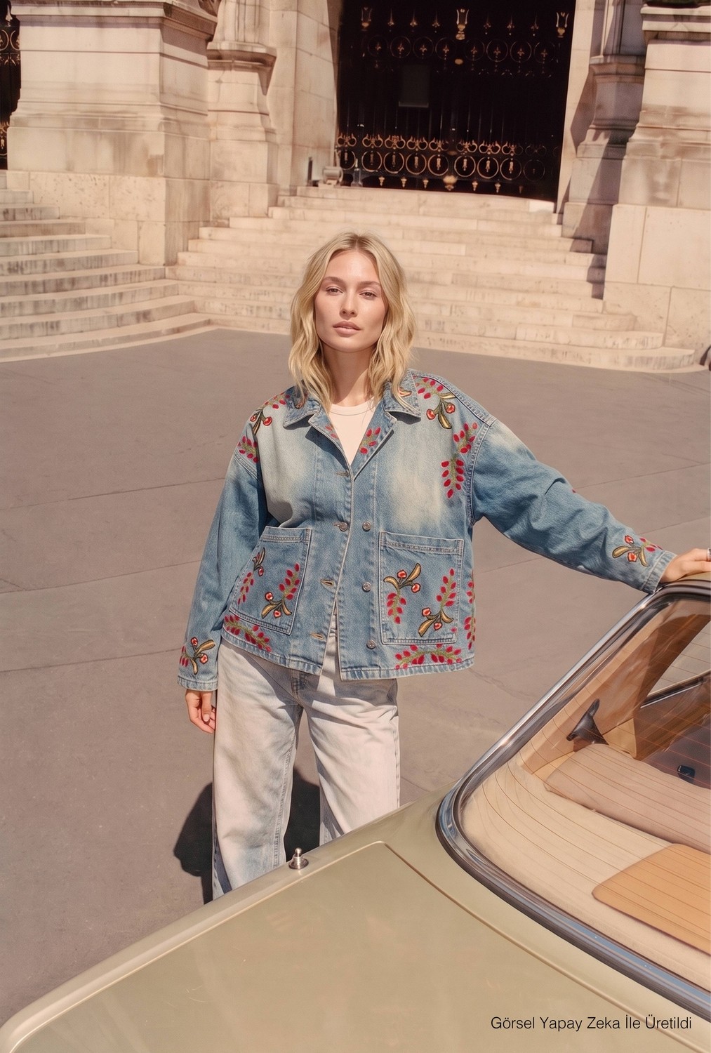 It's Basic Kadın T.kot Rengi 2S566 Çiçek Nakışlı Oversize Tasarım Denim Ceket