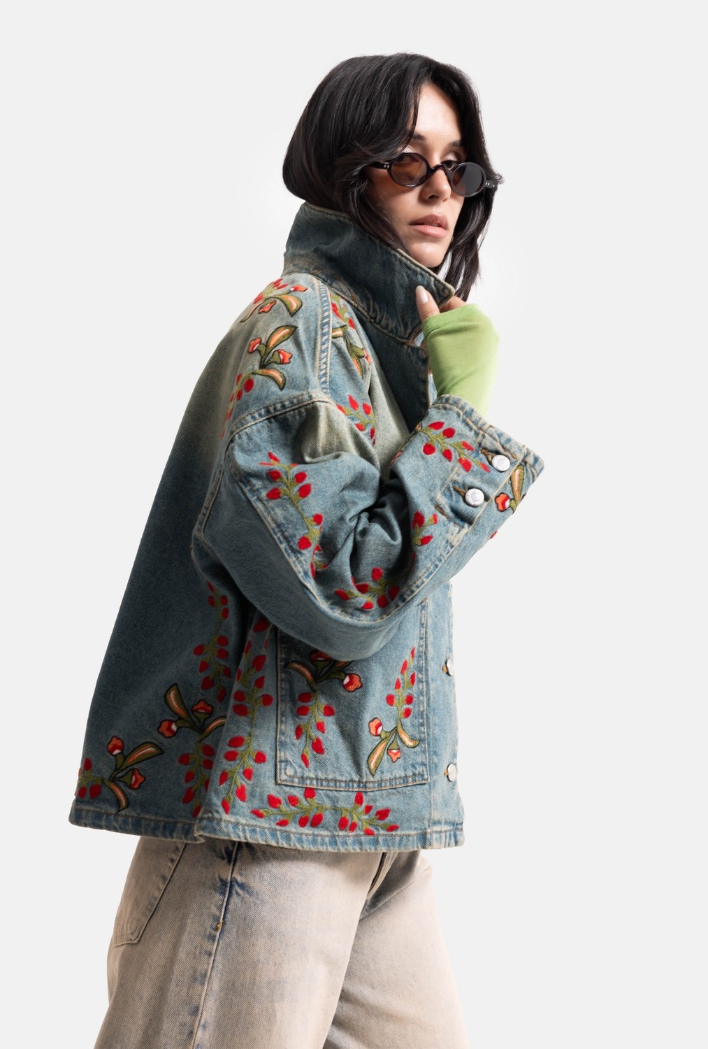 It's Basic Kadın T.kot Rengi 2S566 Çiçek Nakışlı Oversize Tasarım Denim Ceket görsel 2