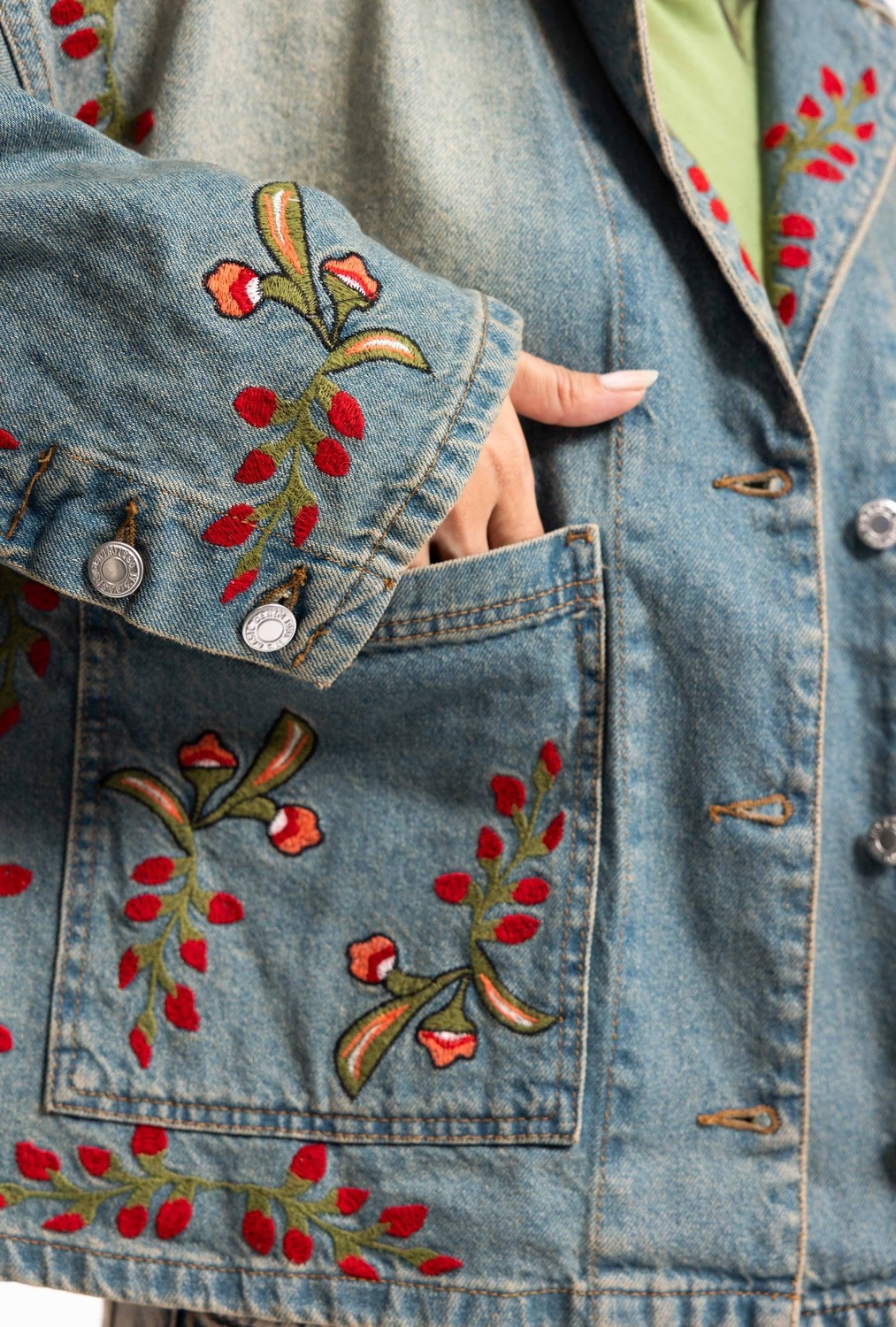 It's Basic Kadın T.kot Rengi 2S566 Çiçek Nakışlı Oversize Tasarım Denim Ceket görsel 4
