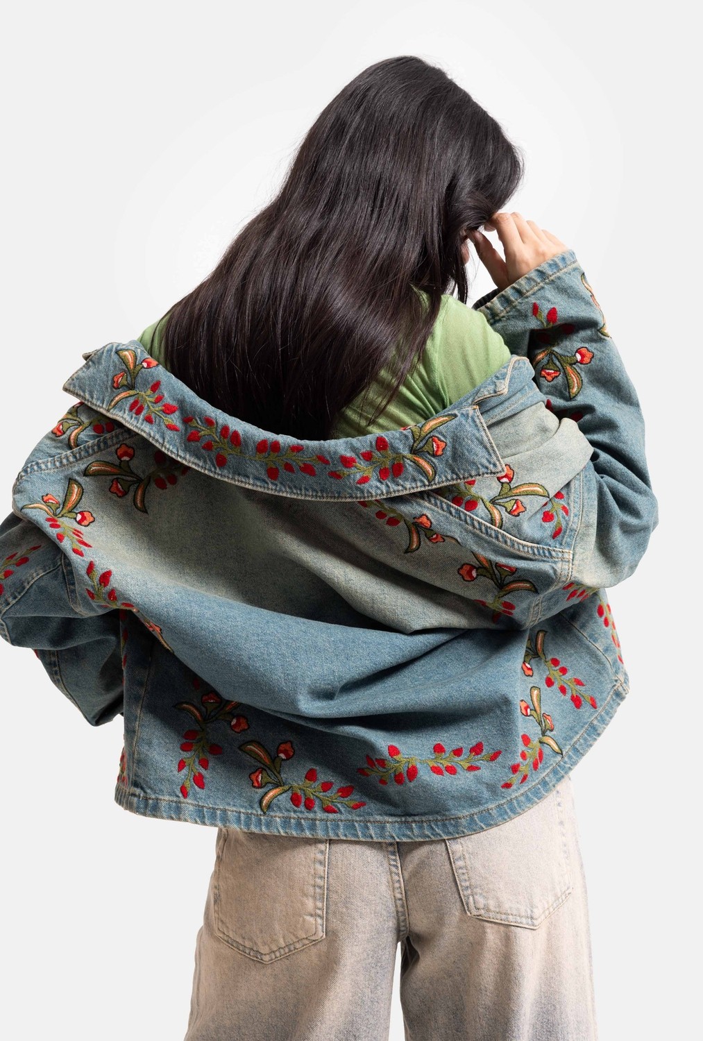 It's Basic Kadın T.kot Rengi 2S566 Çiçek Nakışlı Oversize Tasarım Denim Ceket görsel 5