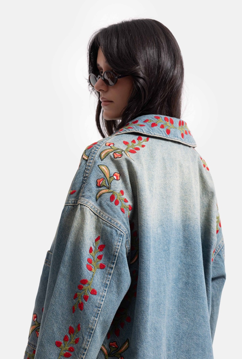 It's Basic Kadın T.kot Rengi 2S566 Çiçek Nakışlı Oversize Tasarım Denim Ceket görsel 6