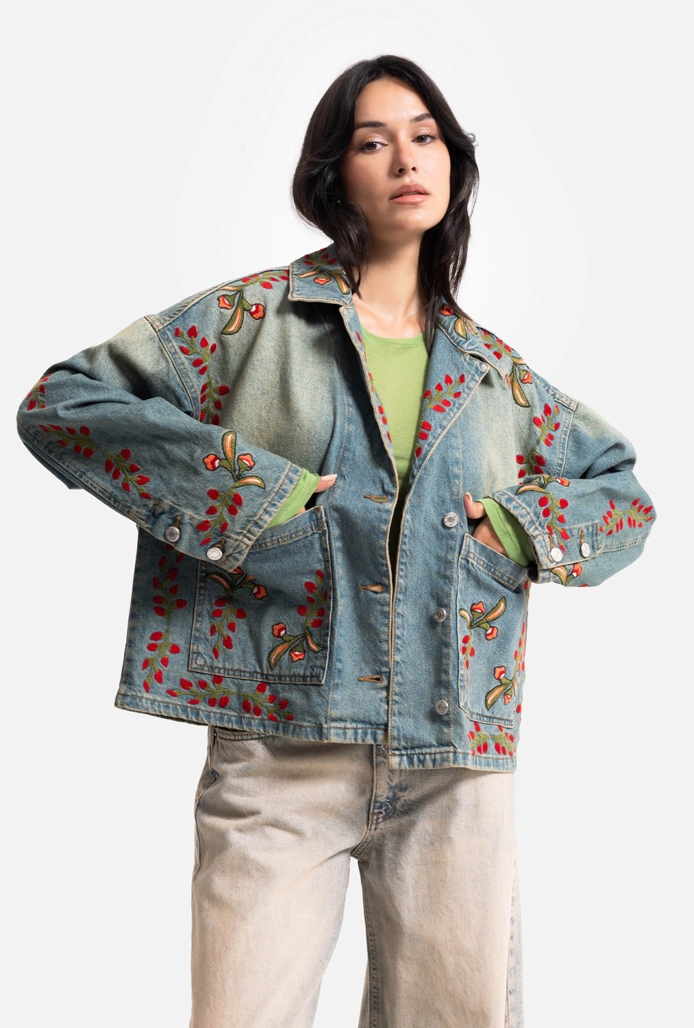 It's Basic Kadın T.kot Rengi 2S566 Çiçek Nakışlı Oversize Tasarım Denim Ceket görsel 7