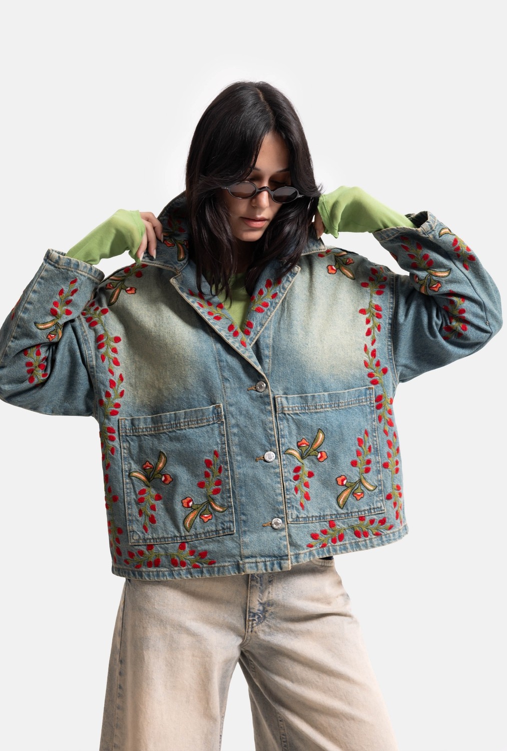 It's Basic Kadın T.kot Rengi 2S566 Çiçek Nakışlı Oversize Tasarım Denim Ceket görsel 8