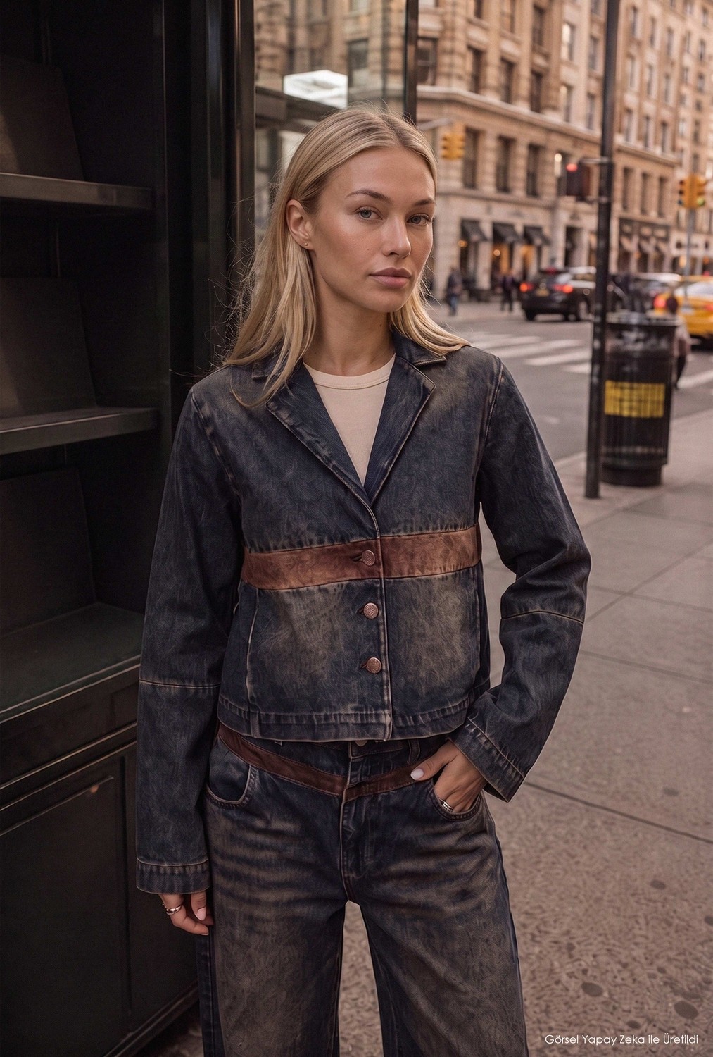 It's Basic Kadın Koyu Kot 2W6-8 Oversize Kemer Boy Tasarım Denim Ceket