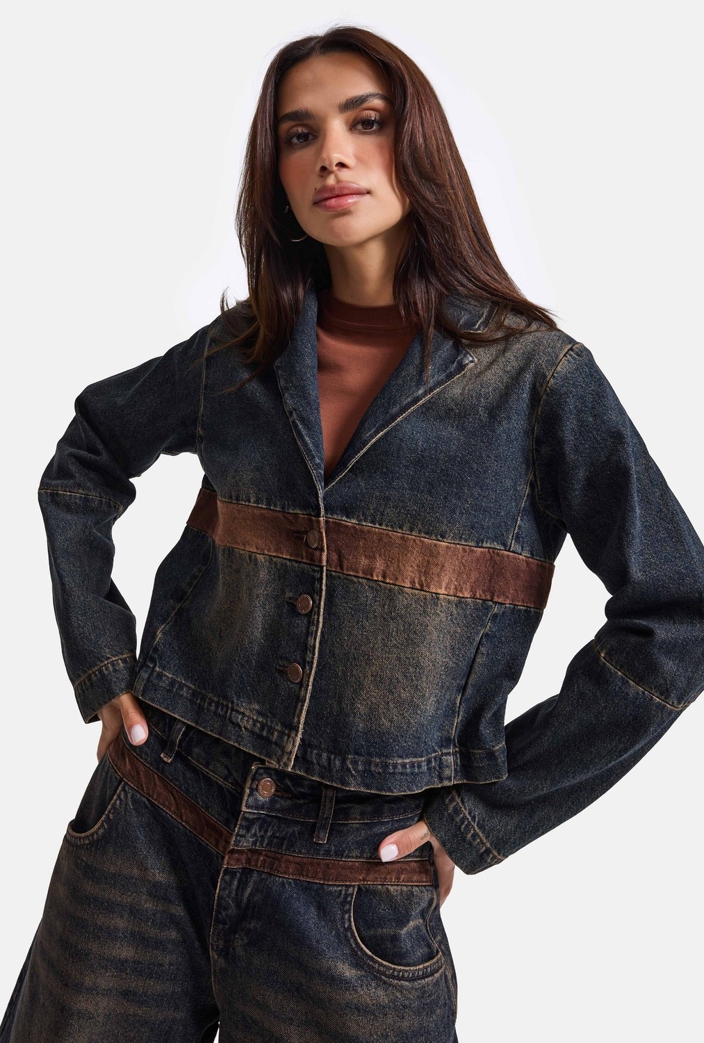 It's Basic Kadın Koyu Kot 2W6-8 Oversize Kemer Boy Tasarım Denim Ceket görsel 3