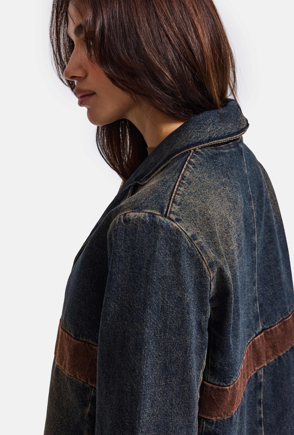 It's Basic Kadın Koyu Kot 2W6-8 Oversize Kemer Boy Tasarım Denim Ceket görsel 4