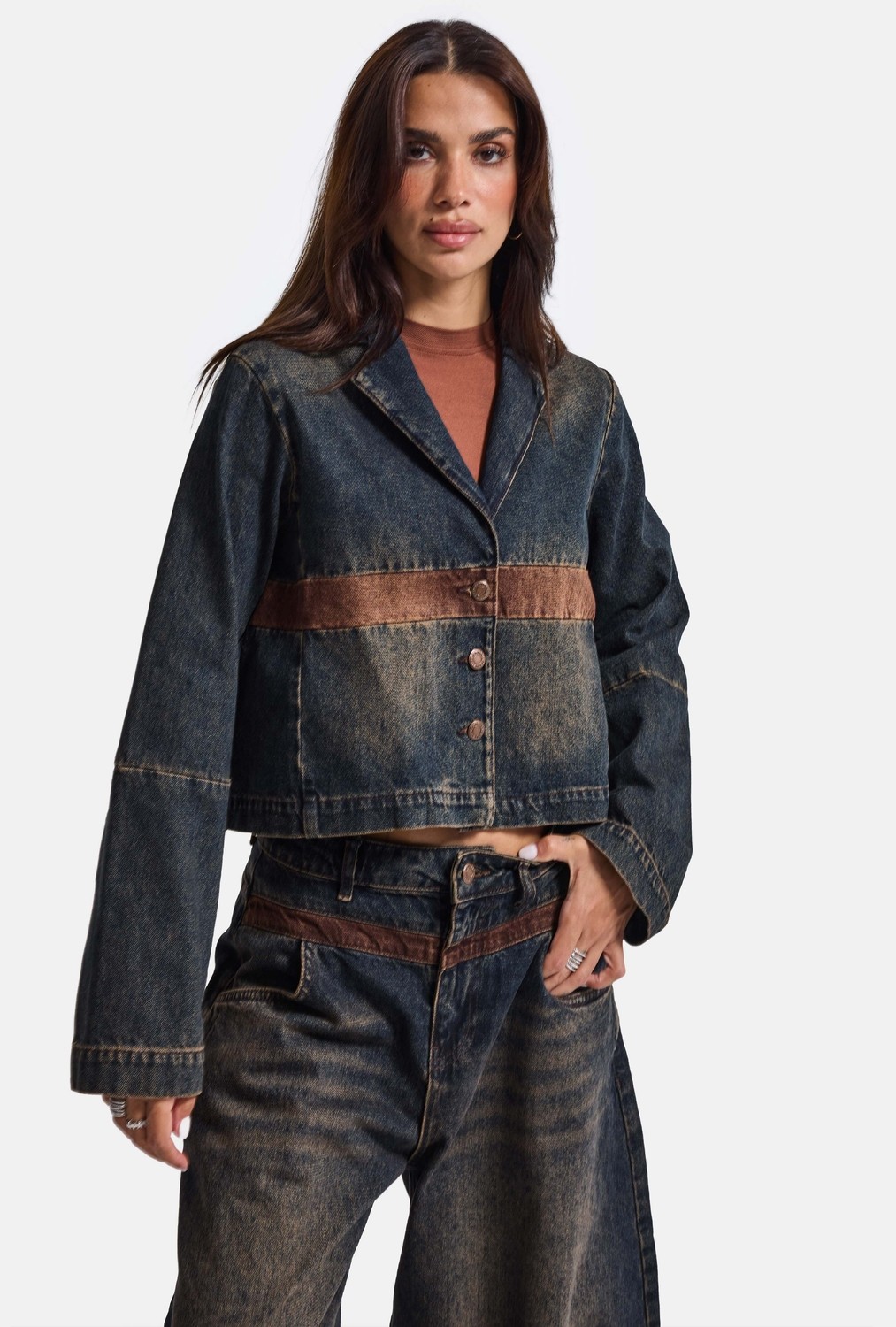 It's Basic Kadın Koyu Kot 2W6-8 Oversize Kemer Boy Tasarım Denim Ceket görsel 5