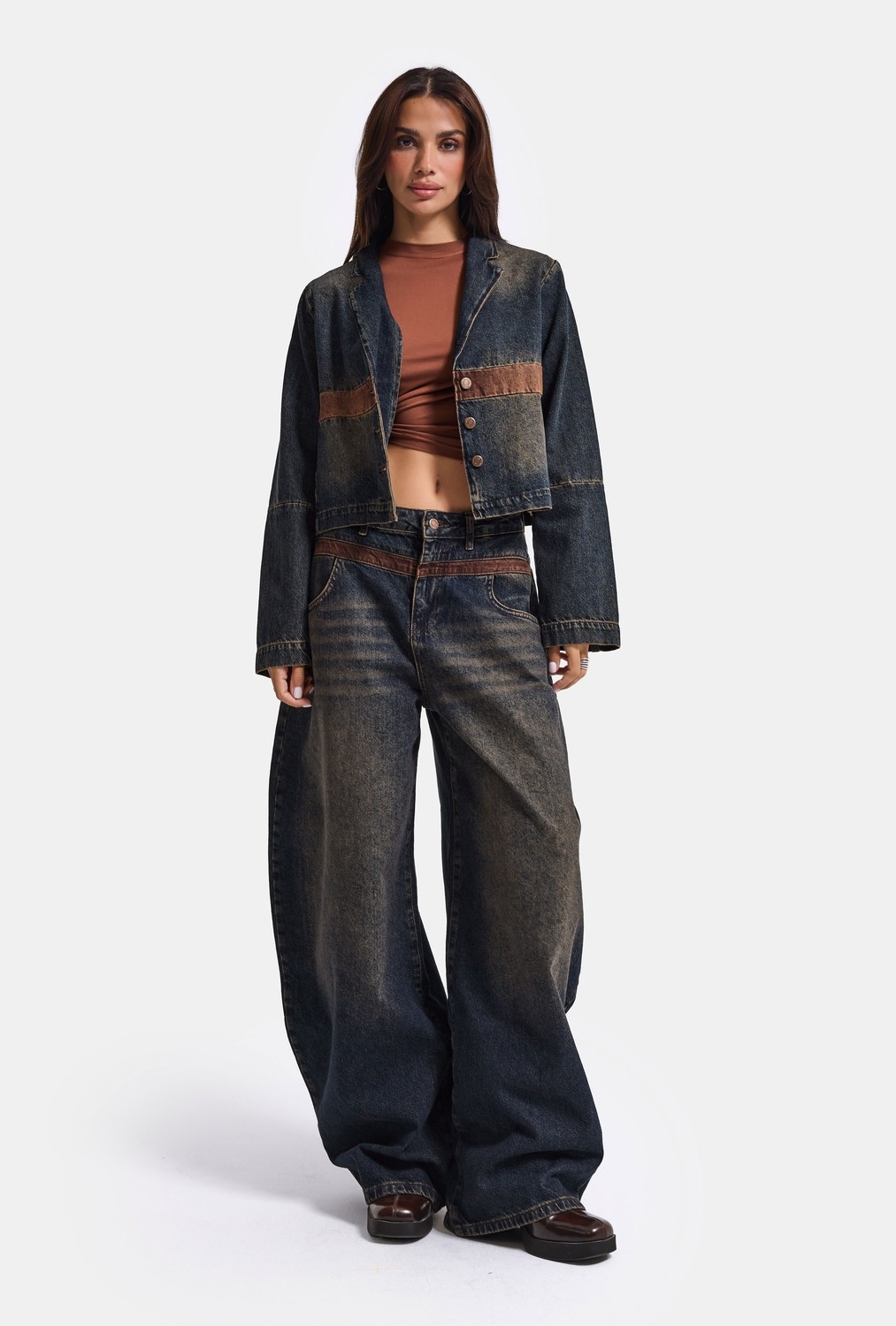 It's Basic Kadın Koyu Kot 2W6-8 Oversize Kemer Boy Tasarım Denim Ceket görsel 7
