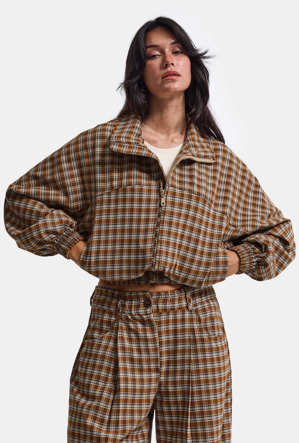 It's Basic Kadın Kahve Ekose W6-32 Oversize Kemer Boy Tasarım Ceket görsel 6