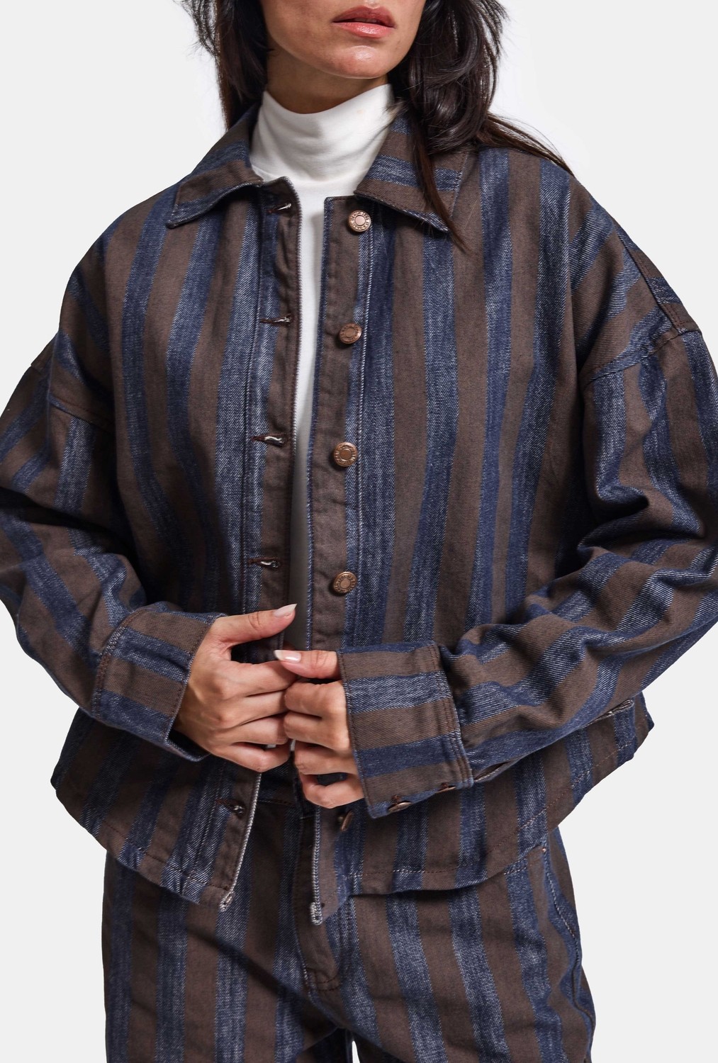 It's Basic Kadın Kahve Kot Çizgili 1W6-7 Oversize Denim Ceket görsel 5