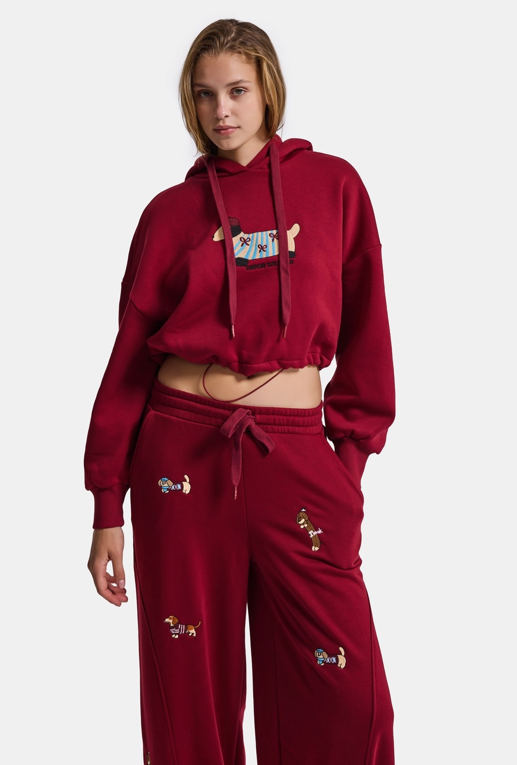 It's Basic Kadın Bordo W6-35 Sweatshirt Eşofman Pantolon 2'li Nakış Figürlü Tasarım Takım