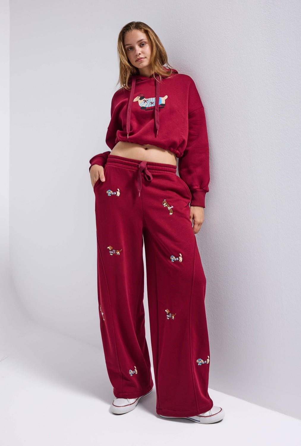 It's Basic Kadın Bordo W6-35 Sweatshirt Eşofman Pantolon 2'li Nakış Figürlü Tasarım Takım görsel 2