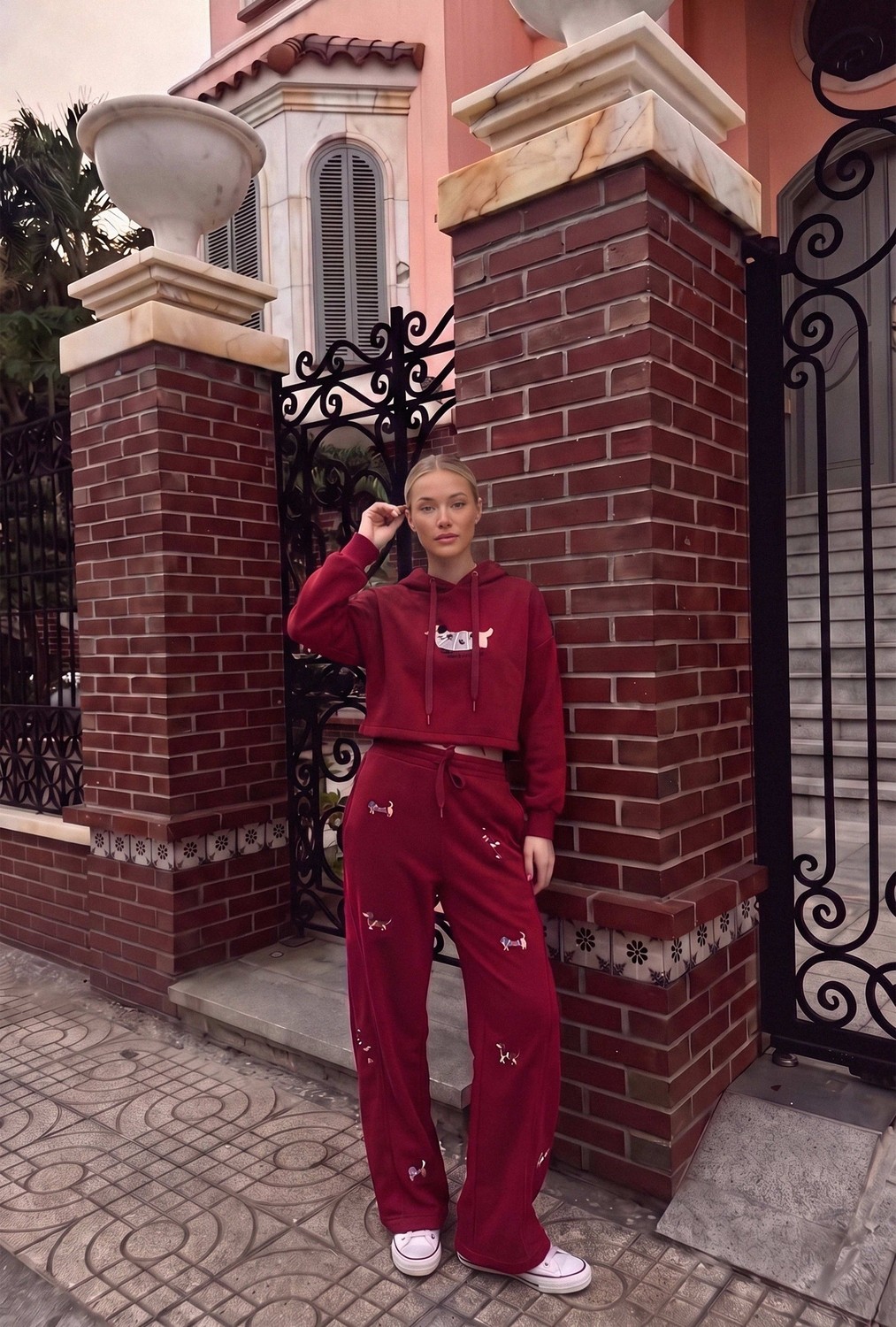 It's Basic Kadın Bordo W6-35 Sweatshirt Eşofman Pantolon 2'li Nakış Figürlü Tasarım Takım görsel 3