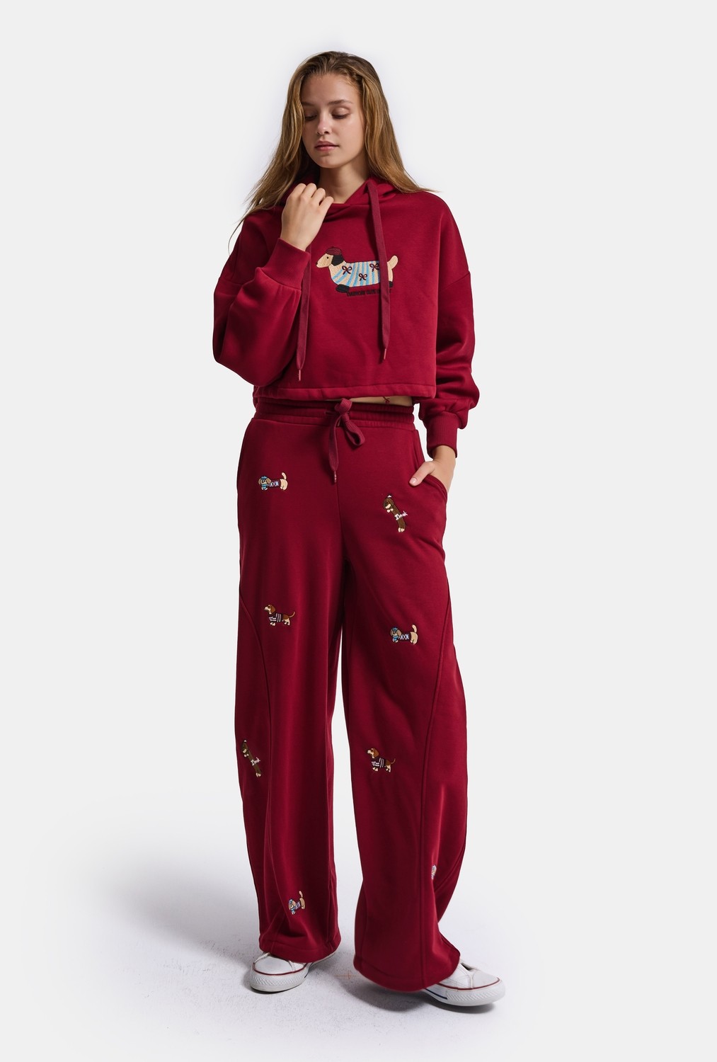 It's Basic Kadın Bordo W6-35 Sweatshirt Eşofman Pantolon 2'li Nakış Figürlü Tasarım Takım görsel 5