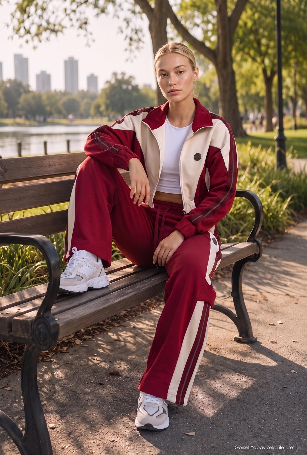 It's Basic Kadın Bordo Bej W6-35 Crop Sweatshirt Eşofman Pantolon 2'li Tasarım Takım
