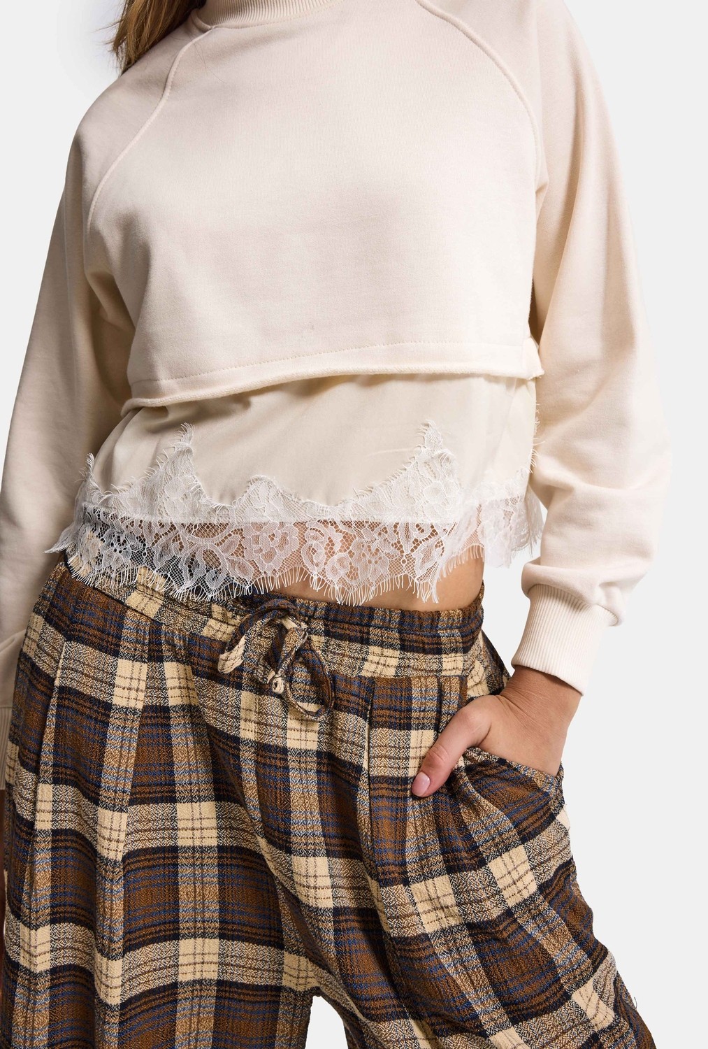 It's Basic Kadın Bej W6-105 Dantel Detaylı Bol Kesim Tasarım Sweatshirt görsel 3