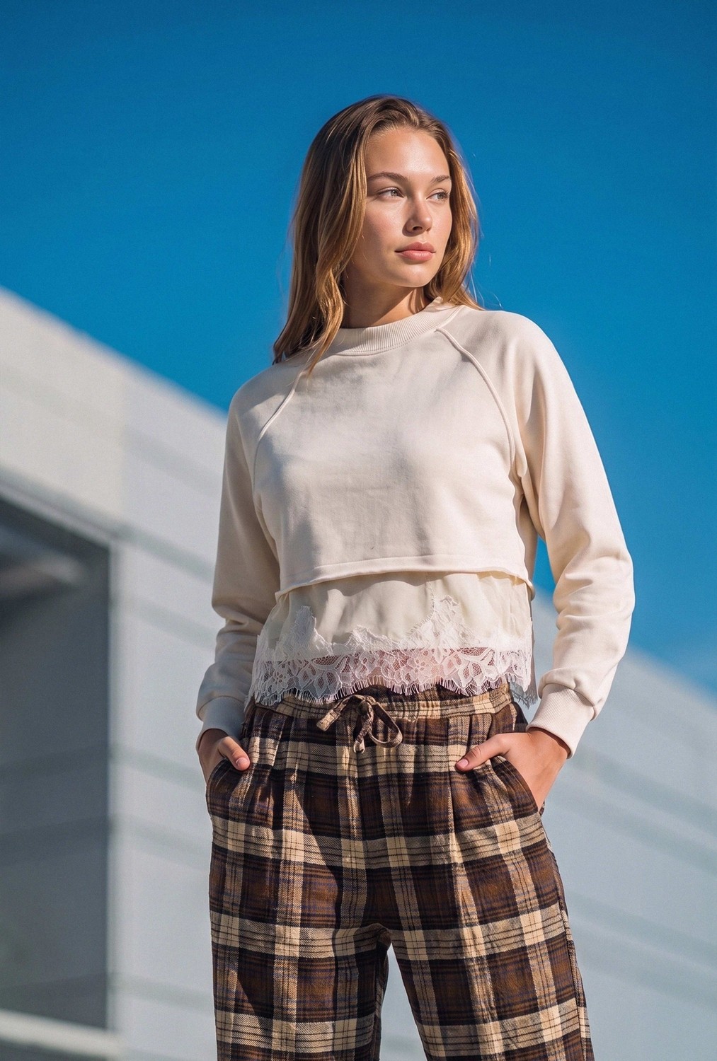 It's Basic Kadın Bej W6-105 Dantel Detaylı Bol Kesim Tasarım Sweatshirt görsel 4