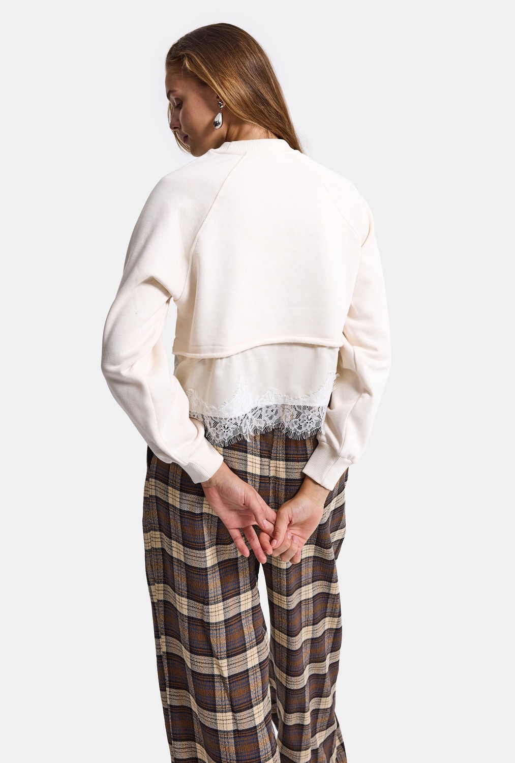 It's Basic Kadın Bej W6-105 Dantel Detaylı Bol Kesim Tasarım Sweatshirt görsel 5
