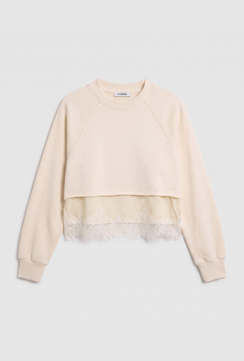 It's Basic Kadın Bej W6-105 Dantel Detaylı Bol Kesim Tasarım Sweatshirt görsel 6