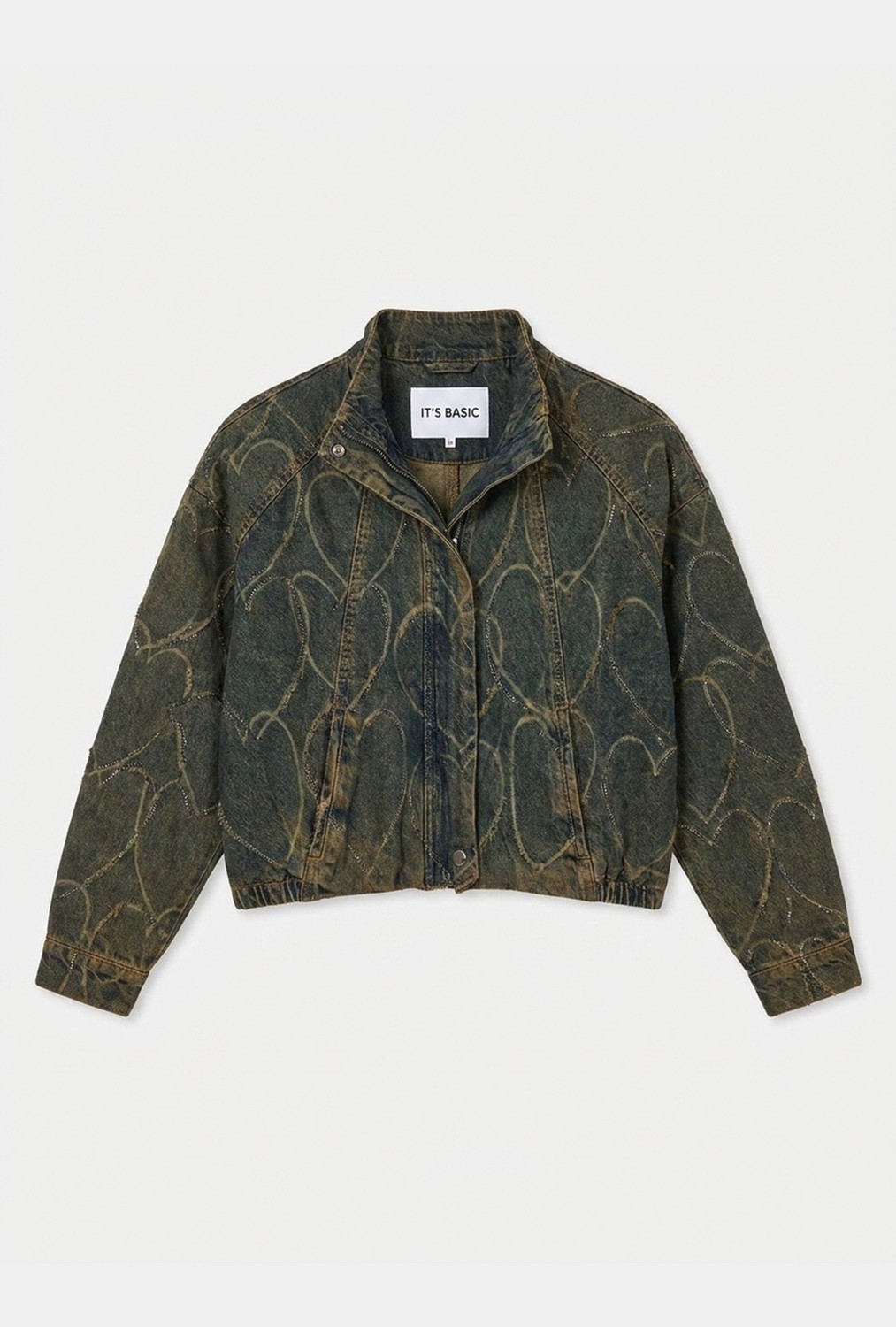 It's Basic Kadın Koyu Kot T-9W6-8 Oversize Bomber Özel Desen Taş Tasarım Denim Ceket