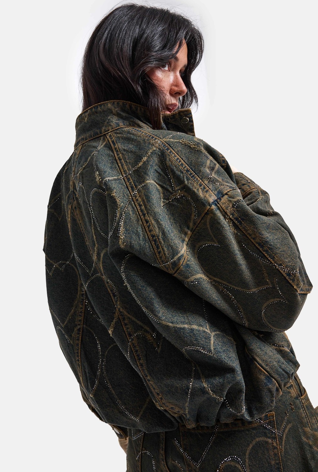 It's Basic Kadın Koyu Kot T-9W6-8 Oversize Bomber Özel Desen Taş Tasarım Denim Ceket görsel 3