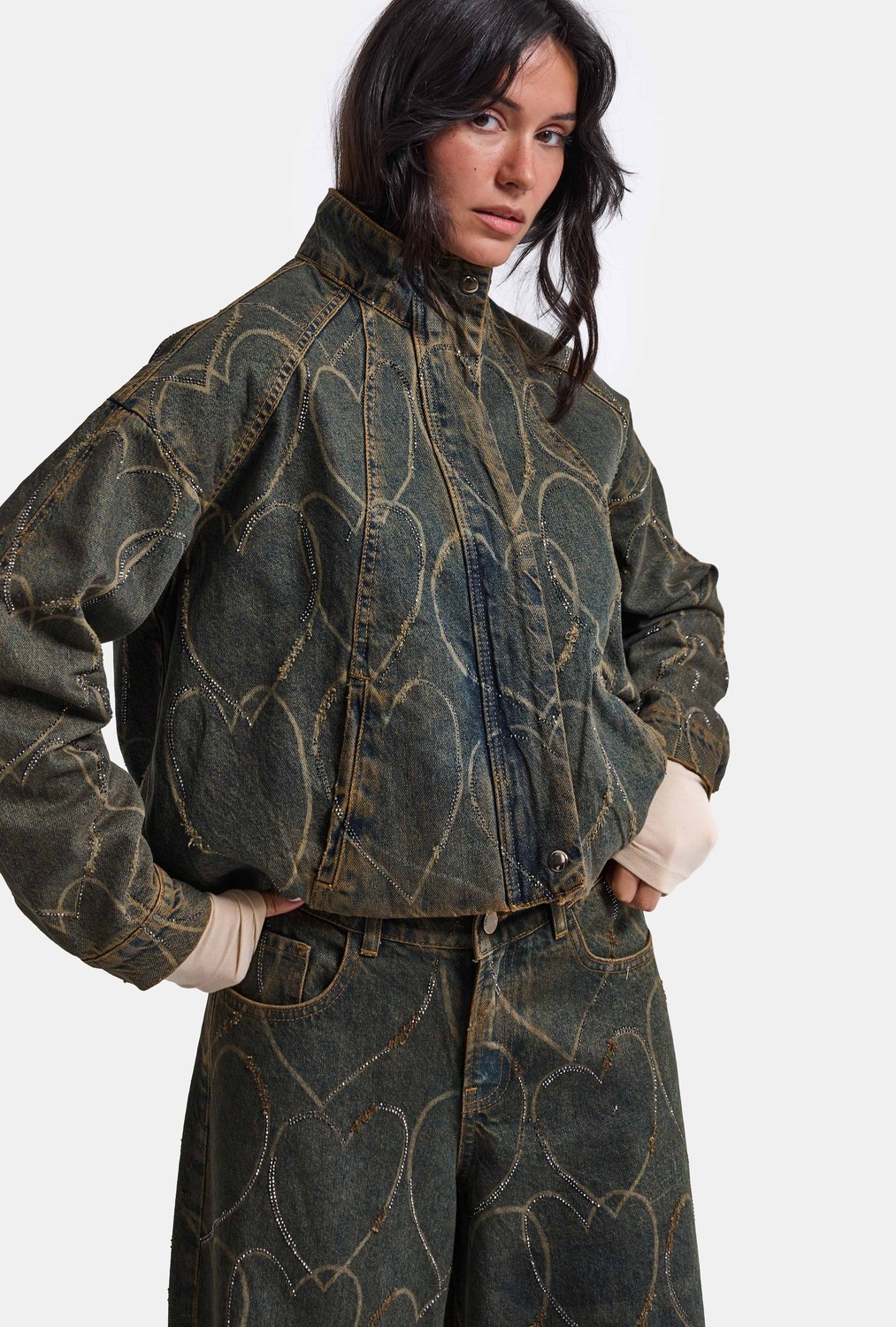 It's Basic Kadın Koyu Kot T-9W6-8 Oversize Bomber Özel Desen Taş Tasarım Denim Ceket görsel 4