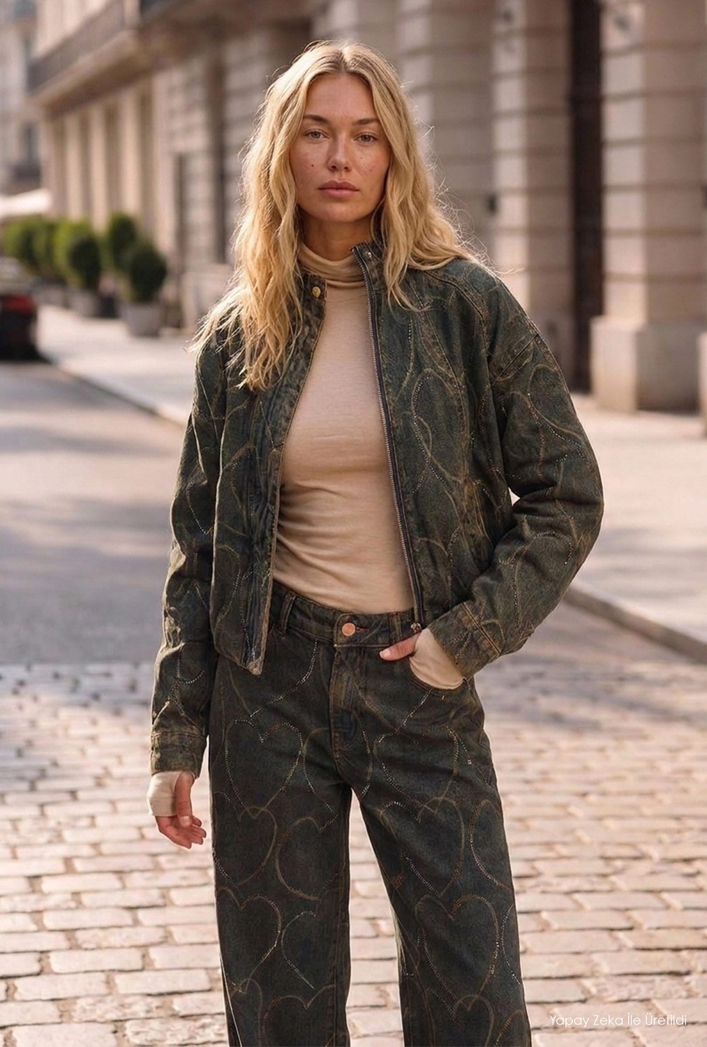 It's Basic Kadın Koyu Kot T-9W6-8 Oversize Bomber Özel Desen Taş Tasarım Denim Ceket görsel 6