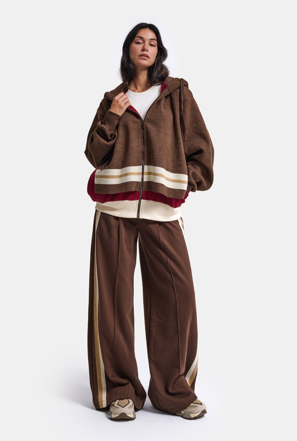 It's Basic Kadın Kahve W6-16 Üst Sweatshirt Polar Alt Eşofman Pantolon 2'li Tasarım Takım görsel 2
