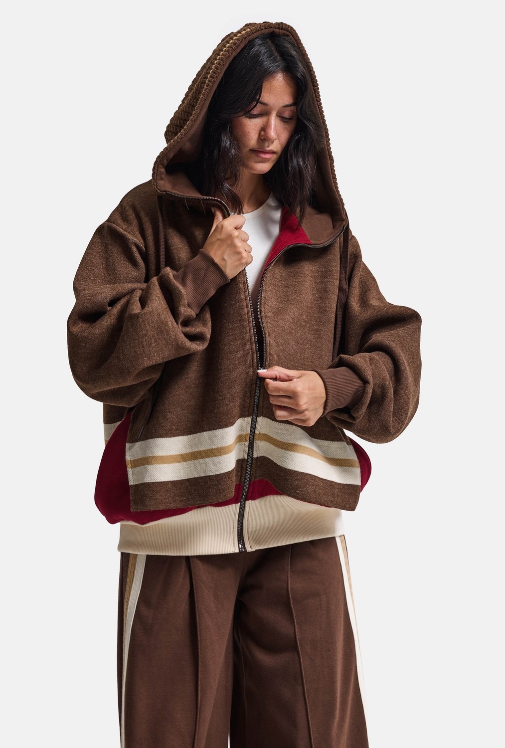 It's Basic Kadın Kahve W6-16 Üst Sweatshirt Polar Alt Eşofman Pantolon 2'li Tasarım Takım görsel 3